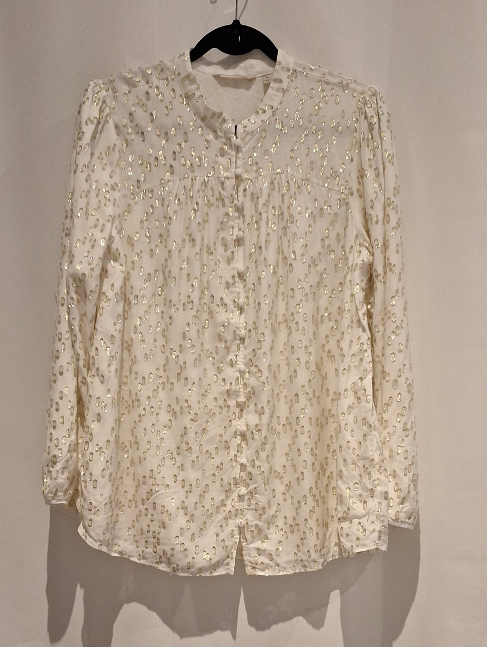 Soft Surroundings White Button-Down Blouse with Gold Metallic Dots